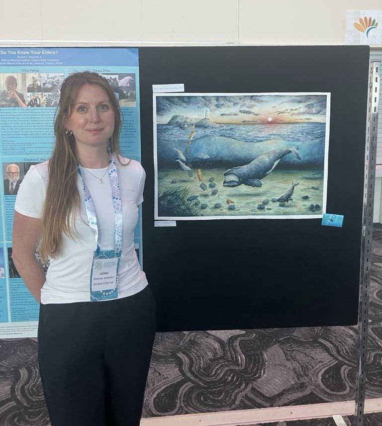 Excited to have my water colour painting for SMELTS.org by the main entrance at #SMM2024 . Check out the poster presented by Richard Riels (FI 8) today to learn more! (Pst - there might be a few prints available.. 👀) <a href="/marinemammalogy/">Marine Mammalogy</a> #NARW #northatlanticrightwhale