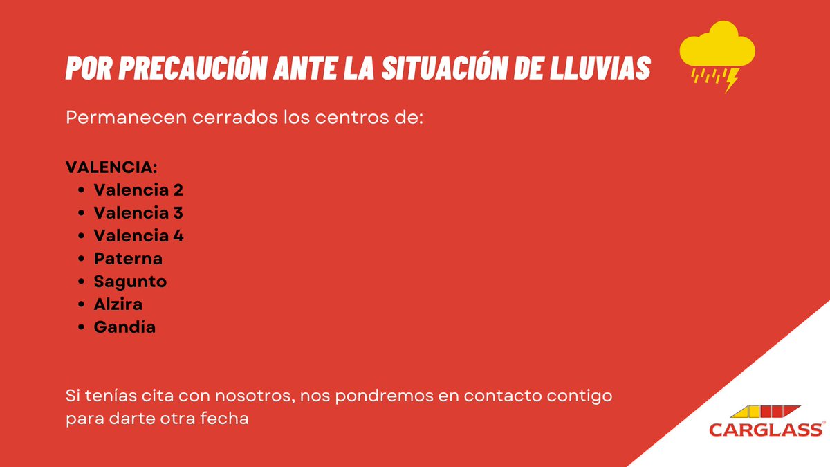 Ante la situación de la DANA en nuestro país, los siguientes talleres no prestarán servicio durante el día de hoy.
Si tenéis alguna duda, podéis contactarnos por redes sociales y al teléfono 900 20 20 05.