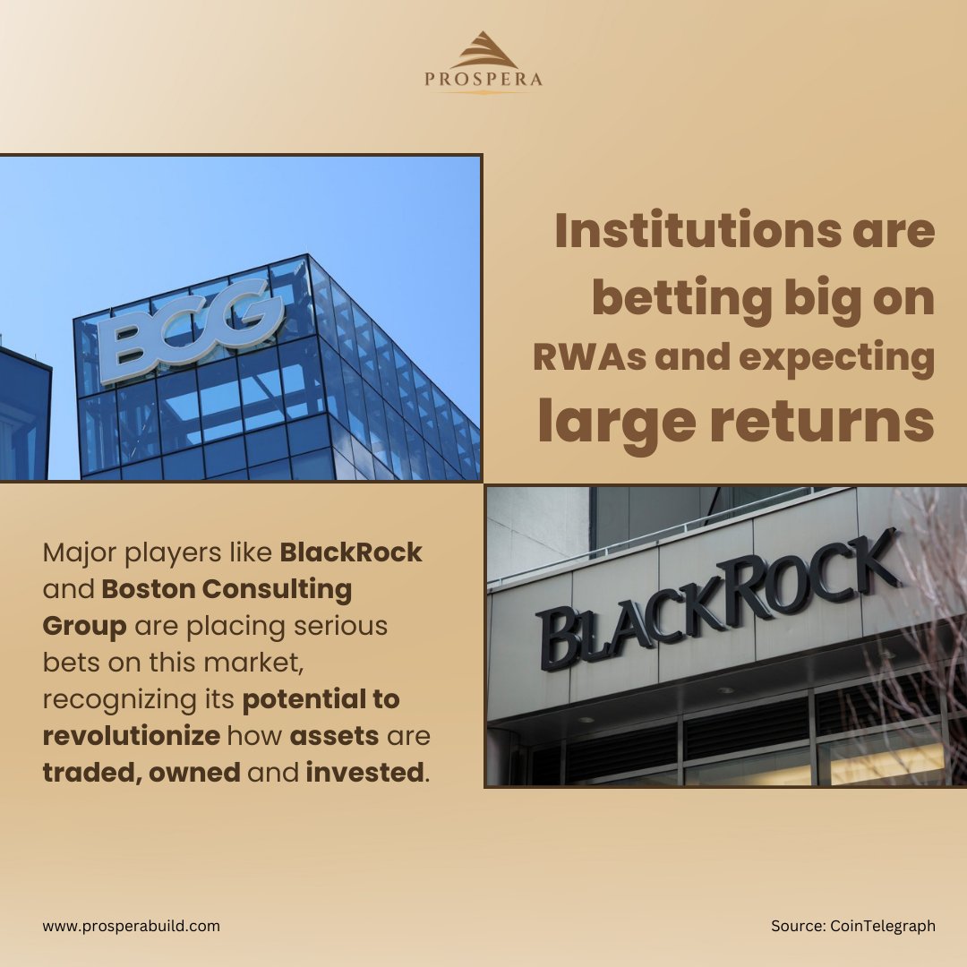 ProsperaBuild's tweet photo. Industry giants like BlackRock and Boston Consulting Group are investing heavily in the booming RWA sector, acknowledging its transformative potential for asset trading, ownership, and investment. With expectations for substantial returns, the momentum is growing. 

Be part of this groundbreaking journey with Prospera.🚀💼 

#RealWorldAssets #Prospera #AssetTokenization #InvestmentRevolution #BlackRock #InnovativeFinance #Blockchain