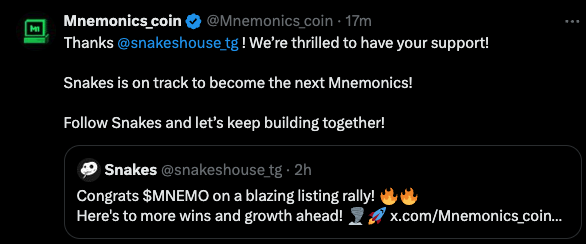 Blue Snakes (@bluesnakes_base) on Twitter photo <a href="/Mnemonics_coin/">Mnemonics_coin</a> Indeed, $SNAKES is comming big with community's amazing support !! 🚀🚀
Like & Comment if you are EXCITED SNAKERS!!! 😍😍🐍 <a href="/Mnemonics_coin/">Mnemonics_coin</a> Indeed, $SNAKES is comming big with community's amazing support !! 🚀🚀
Like & Comment if you are EXCITED SNAKERS!!! 😍😍🐍