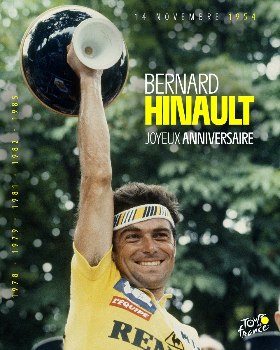 LeTour's tweet photo. On fête aujourd’hui les 70 ans de Bernard Hinault, 5️⃣ fois vainqueur de la Grande Boucle 💛

Today we celebrate the 70th birthday of Bernard Hinault, 5️⃣-time winner of the Tour 💛

#TDF2024 https://t.co/QQ3VRdzGwY