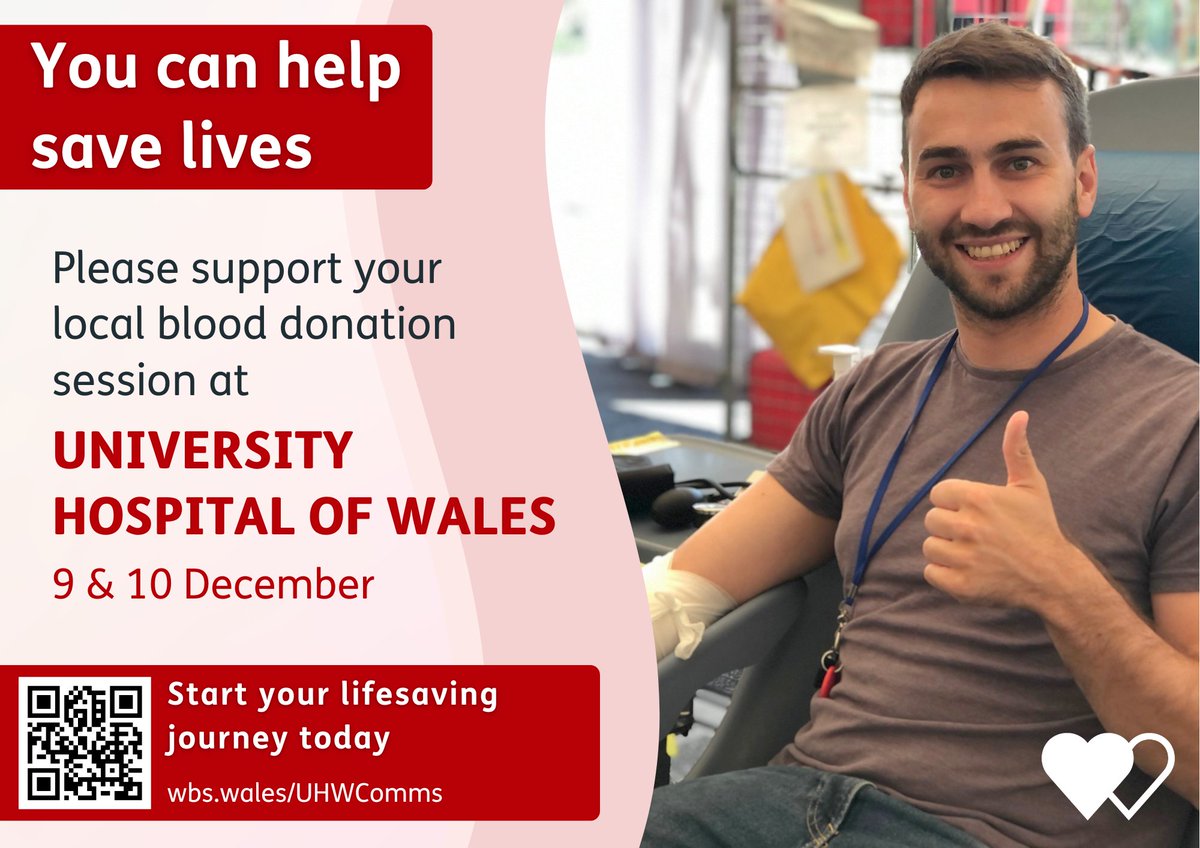 ❤ Have you ever given blood before?

The Welsh Blood Service is at The University Hospital of Wales –  9 &amp; 10 December

In under ① hour, you could save up to ③ lives by giving blood!

📅 Make an appointment today: 🔗 orlo.uk/Rs7ME