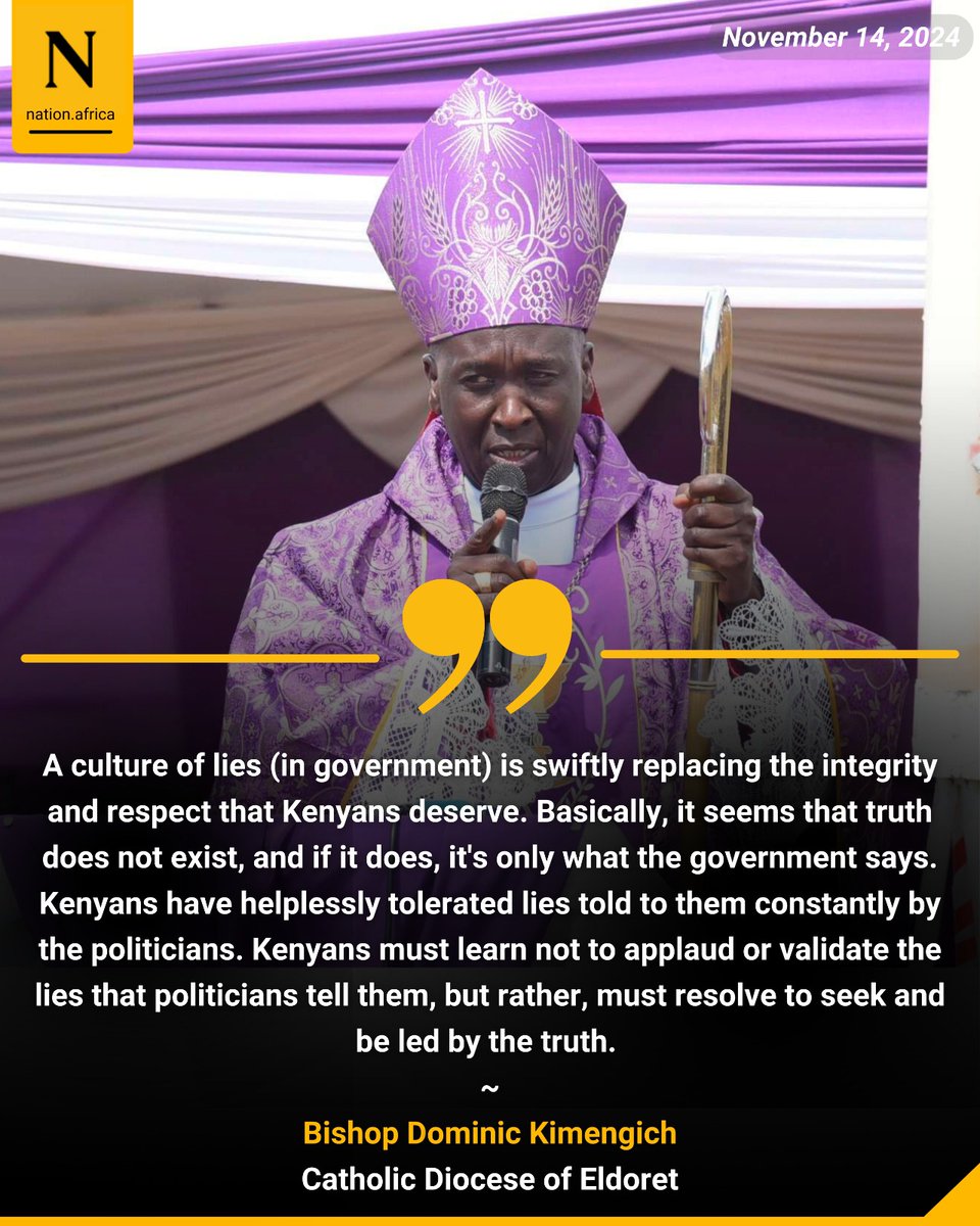 NationAfrica's tweet photo. Bishop Dominic Kimengich - Catholic Diocese of Eldoret: A culture of lies is swiftly replacing integrity and respect in government. Kenyans deserve better. https://t.co/tBeL8SGtP3