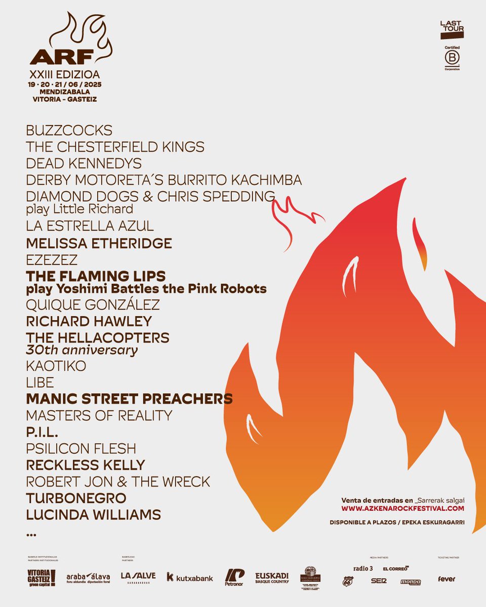 🔥 ¡Mirad lo que os traemos! Te esperamos del 19 al 21 de junio en Mendizabala. Entradas a la venta el miércoles 20 de noviembre. #ARF #azkenarockfestival2025 Conoce ya a nuestrxs artistas aquí: azkenarockfestival.com/artistas/?utm_…