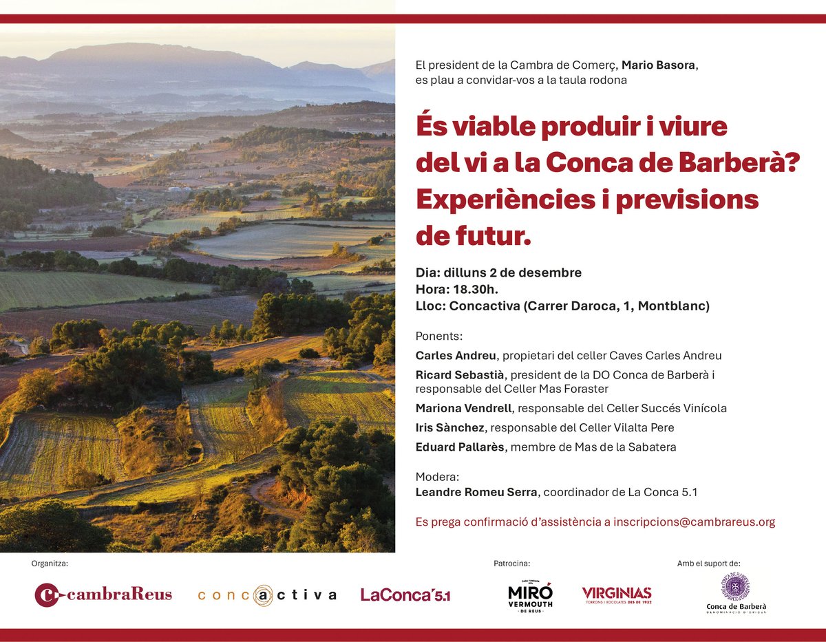 Concactiva (@concactiva) on Twitter photo 📅 2 de desembre
⌚18:30h
📍Concactiva
Present i futur de l'elaboració de vi a la Conca de Barberà
Taula rodona amb l'experiència i visió de 5 cellers de la comarca.
✉ inscripcions@cambrareus.org 📅 2 de desembre
⌚18:30h
📍Concactiva
Present i futur de l'elaboració de vi a la Conca de Barberà
Taula rodona amb l'experiència i visió de 5 cellers de la comarca.
✉ inscripcions@cambrareus.org