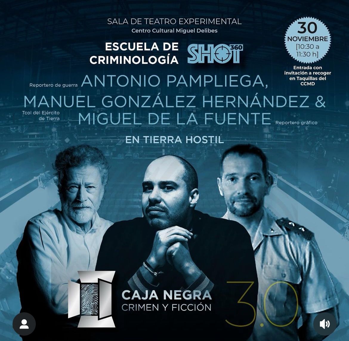 El sábado 30 en Valladolid en una nueva edición de <a href="/lacajanegracyf/">La Caja Negra | Crimen y Ficción</a> mesa redonda con <a href="/MDFzonacaliente/">Miguel De La Fuente</a> , <a href="/APampliega/">Antonio Pampliega</a> y el Teniente Coronel Manuel Hernández  ... el trabajo de los reporteros en un país en guerra una conversación en la que tengo el placer de participar.