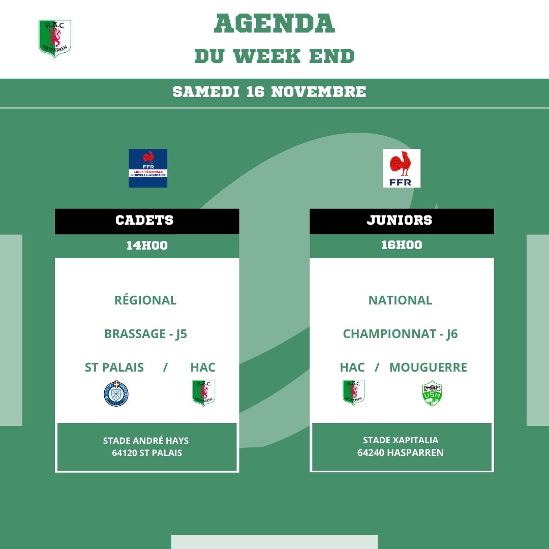 📢Le programme du WE est là!
#Rugby #AtxikPerdiak 🟢⚪️