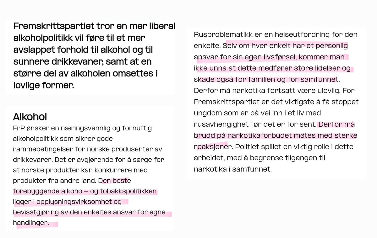 dagw's tweet photo. Norges største parti på meningsmålingene, Frp, har "et mer avslappet forhold til alkohol" som ruspolitisk mål. Her er den beste forebyggingen mer ansvar til individet.

Pussig nok fungerer personlig ansvar bare for alkohol. Annen rusbruk skal forebygges med "sterke reaksjoner". https://t.co/WmxjRZwrKs