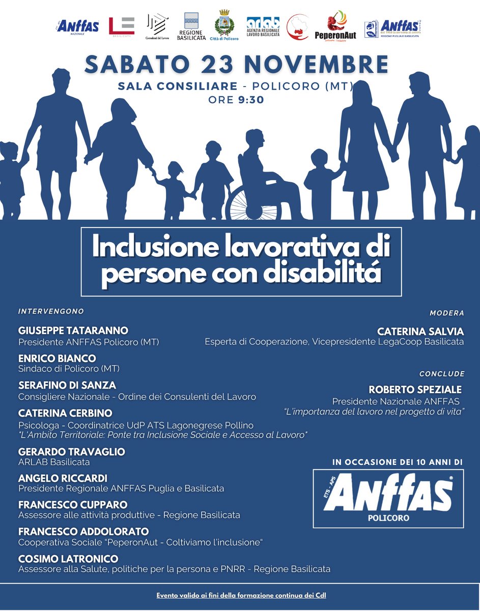 La cooperazione è impegnata ogni giorno per innescare e favorire i percorsi lavorativi delle persone con disabilità. A #Policoro il 23 novembre, in occasione dei dieci anni di <a href="/AnffasNazionale/">Anffas Nazionale</a>, si parla di #inclusione lavorativa.