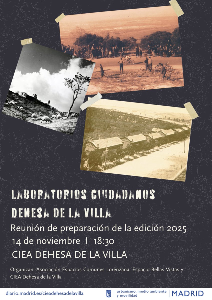 Encuentro de preparación del próximo laboratorio ciudadano de la Dehesa de la Villa.  
Veremos cómo van los proyectos de la primera edición y exploraremos el archivo vecinal de la Dehesa. 
A las 18.30 en el Centro de Información y Educación Ambiental de la Dehesa