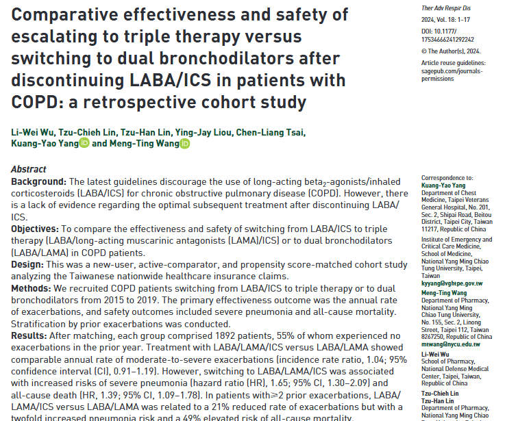 TARespirDis's tweet photo. Switching COPD patients from LABA/ICS to LABA/LAMA or triple therapy: Which path is safer?🤔 A study shows triple therapy offers comparable exacerbation rates but raises pneumonia and mortality risks. Careful consideration needed
Full study: https://t.co/P5G1MFJxy6 #COPDResearch https://t.co/4msuIU6t5H