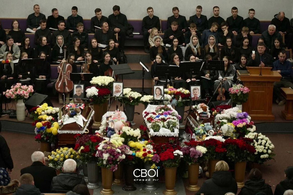 Lyla_lilas's tweet photo. Today, in Kryvyi Rih, a farewell ceremony is being held for mother Olena Kulyk and her three children: ten-year-old Kyrylo, two-year-old Demyd, and two-month-old Ulyana.

They were killed by a Russian missile on November 11.

🕯Rest in peace. 💔

Source: Live Ukraine https://t.co/T1q2UECY09