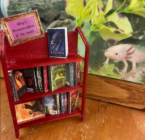 Looking for a book recommendation? While at the BAMS Library, check out Gleep's monthly recommendation on his tiny library book cart that they 3D printed.