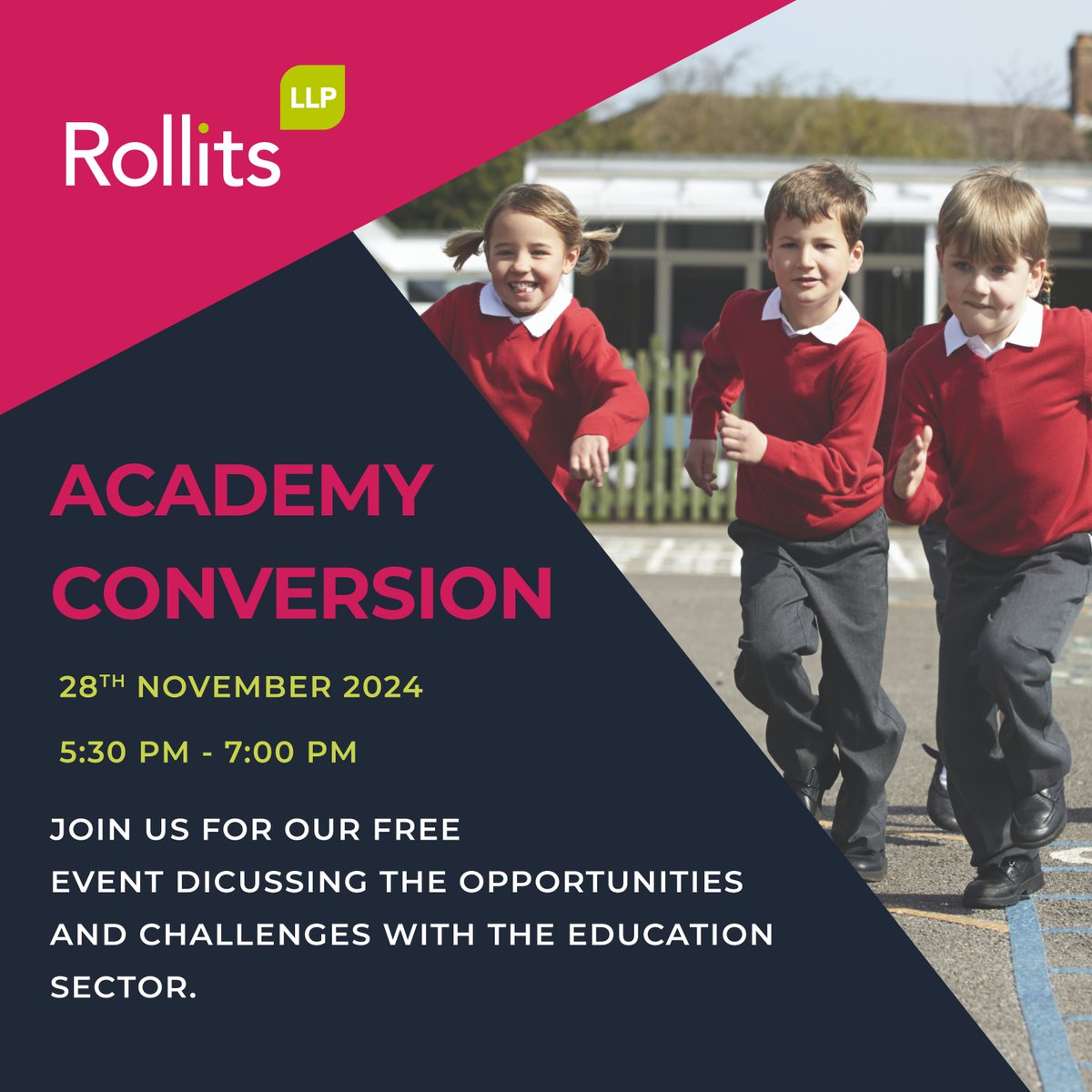 Join us for the Academy Conversion: Opportunities and Challenges with speakers John Flanagan, Sarah Young and Chris Huscroft.

These events have been extremely popular so register now so you don’t miss out! eventbrite.co.uk/e/academy-conv…

#Rollits #AcademyConversion