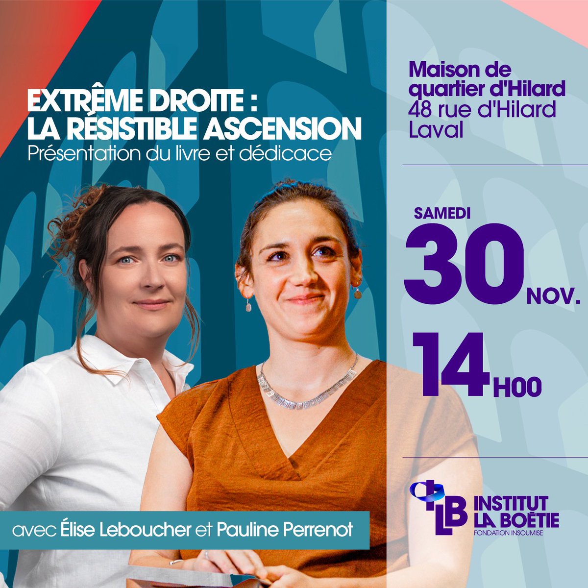 InsoumisMayenne's tweet photo. À vos agendas !

Le samedi 30 novembre, nous recevrons @paulineperrenot et @eliseleboucher à Laval pour une présentation : "Extrême droite : La résistible ascension " @i_laboetie 

Nous vous attendons nombreux

@leglobjournalfr @CDLM53 @bleumayenne @OuestFrance53 https://t.co/OYgZgH814l