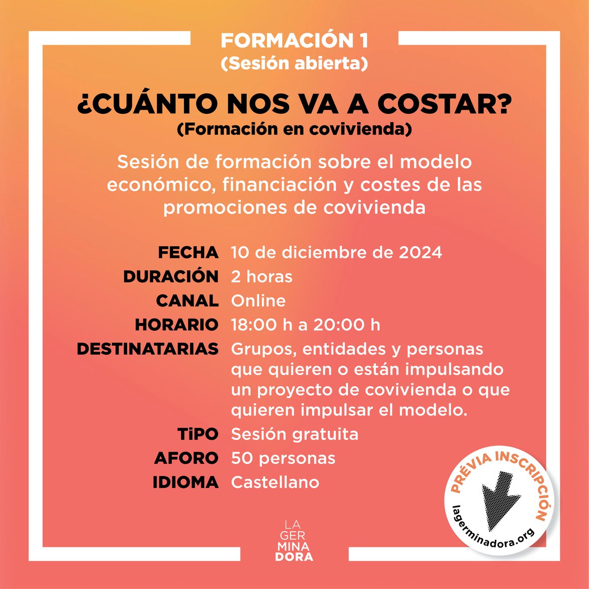 💸 ¿Cómo se financia un proyecto de #covivienda?
🤔 ¿Qué coste tiene impulsar una promoción?

🏡 Si formas parte de un grupo o una entidad que quiere más información sobre el modelo, esta formación gratuita te interesa!

📅 10 de diciembre
🔗Inscripciones: lagerminadora.org/es/agenda-list…