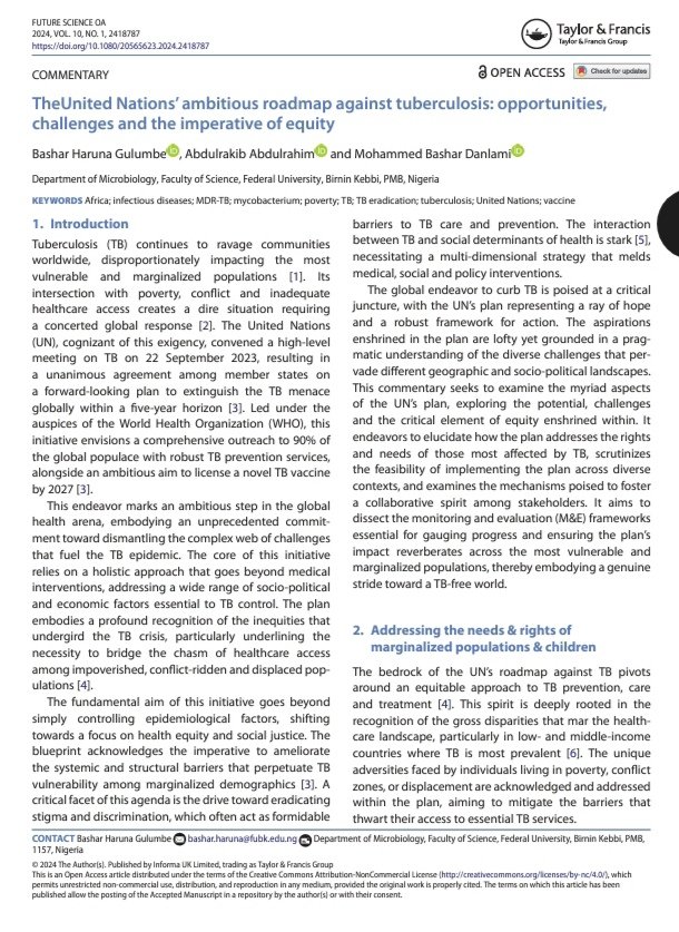 Read and Share our new Paper titled 

"The United Nations’ ambitious roadmap against tuberculosis: opportunities, challenges and the imperative of equity"

tandfonline.com/doi/full/10.10…

#FightTB #TB #FightAmr