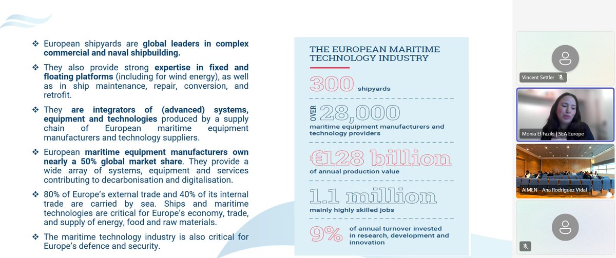 The 4th workshop of the Mari4_YARD project has start! 

🗝 Keynote speaker of the day: Monia El faziki, Director of Social and EU Public Affairs at SEA Europe.

SEA Europe represents 16 countries' maritime tech industry, focusing on ship production, maintenance, and supply chain.
