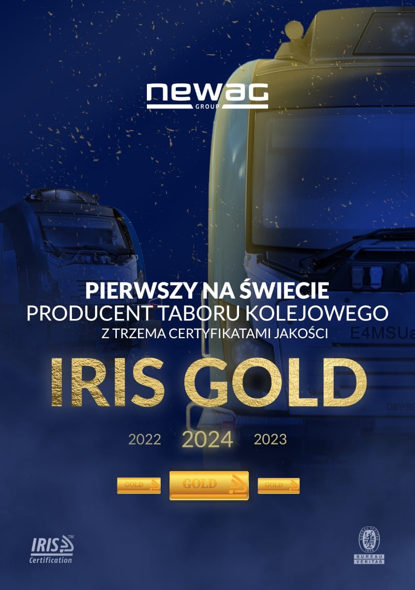Trzeci Złoty IRIS dla NEWAG!  🏆
Jesteśmy dumni, że po raz trzeci z rzędu zdobyliśmy najwyższy certyfikat jakości IRIS Gold Quality Performance Level. Dziękujemy całemu zespołowi za zaangażowanie i klientom za zaufanie – to dzięki Wam osiągamy doskonałość! #IRIS #Quality #Newag