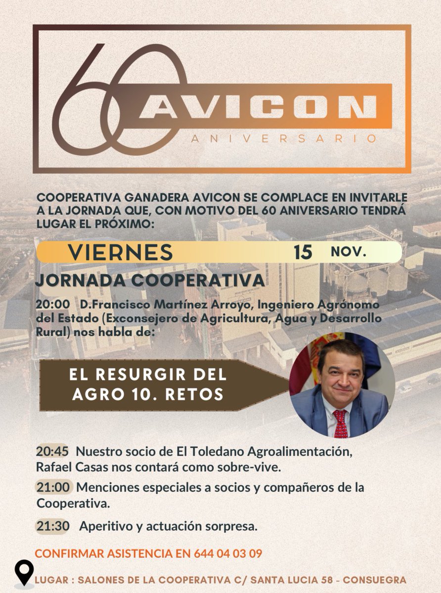 fmartinezarroyo's tweet photo. 📕 Mañana estaré en la #cooperativa #Avicon, en Consuegra, presentando #ElResurgirdelAgro. Es un placer reencontrarme con los ganaderos, socios de Avicon en el 60 aniversario de la empresa. https://t.co/KwCQ3n9IOm