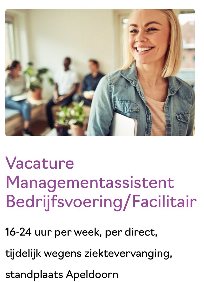 Wij zoeken per direct, tijdelijk wegens ziektevervanging een Managementassistent Bedrijfsvoering/Facilitair (16-24 uur, standplaats #Apeldoorn ). Voldoe jij aan het profiel en wil jij ons tijdelijk ondersteunen? Dan horen we graag van je.  tinyurl.com/bdebv7v3 #vacature