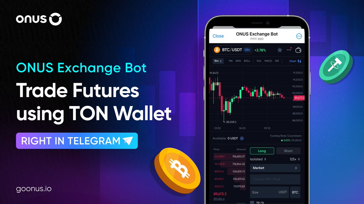 ONUSFinance's tweet photo. 🚀 Futures Trading: All in ONE Telegram App!

Experience #ONUS Exchange Bot - The lightning-fast Futures trading app with unlimited potential! 📲

Why ONUS Exchange Bot? 👇🏻

⚡️ Industry-best 0.04% fees
⚡️ Up to 125x leverage
⚡️ Buttery-smooth UXUI built
⚡️ Trade all $USDT pairs
⚡️ Seamless TON Wallet integration

Plus: Instant $TON → $USDT swap for trading at one place! 🔄

🌟 Trade Smarter, Not Harder: https://t.co/A3mXJCMvmn 

#ONUSExchangeBot #FuturesTrading #Telegram #ONX