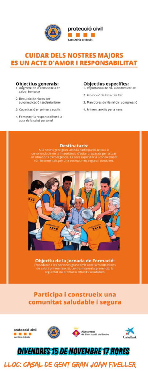 Nou tallet de formació dins del projecte "Cuidar dels nostres majors és un acte d'amor i responsabilitat" de Protecció Civil Sant Adrià. El proper dilluns, 18 de novembre, a las 17 hores al Casal de Gent Gran Via Trajana (Av. del Ferrocarrill, 11-13).