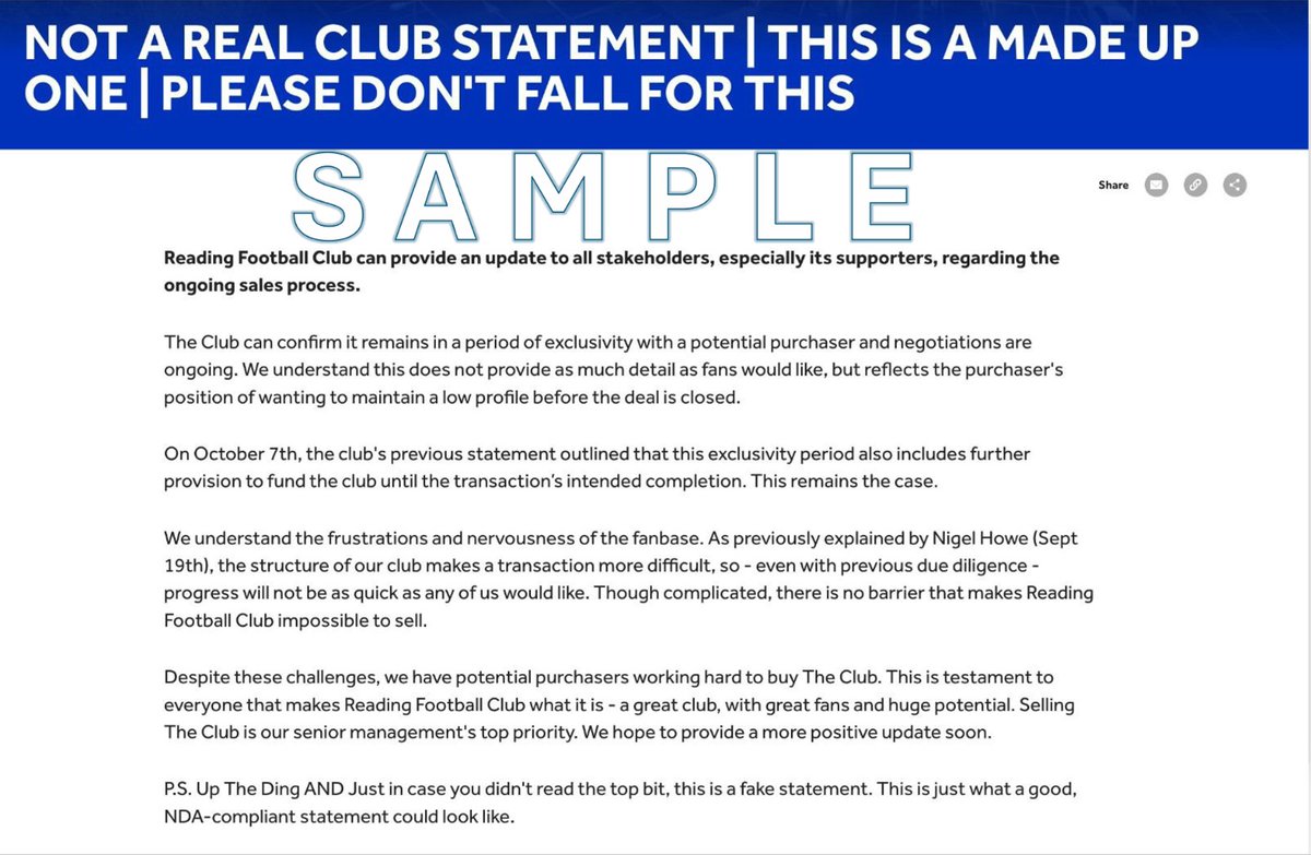 SellBeforeWeDai's tweet photo. Silence on the sale of #ReadingFC has gone on for too long, with reports the club only has funds until mid-November. 

Not only have we renewed calls for the club to communicate with fans, we've given them a helping hand with an example of a meaningful update (one which we think is NDA compliant). 

It shouldn't be this hard. #sellbeforewedai