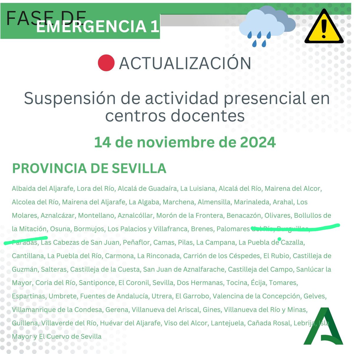 HowILearnedCode's tweet image. Según directrices de Consejería de Educación ha emitido para los centros educativos de la provincia de Sevilla, os comunicamos que se suspenden las clases de hoy Jueves 14 en todas nuestras sedes.
Próximamente os comunicaremos las fechas para la recuperación de las mismas.