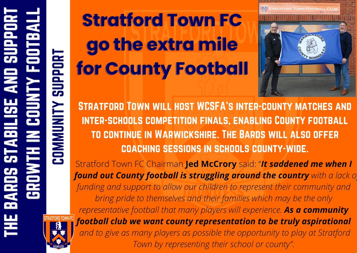 Stratford Town FC  are proud to provide their support to the continued partnership with WCSFA, which is delivering a major boost for young footballers across Warwickshire with the provision of County football  <a href="/TownStratford/">Stratford Town FC Academy</a> <a href="/SWGirlsfootball/">SW girls football partnership-St Nicholas Alcester</a> @Warwickshiresfa