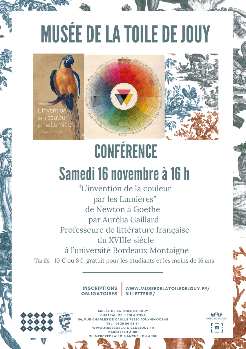 Avez-vous déjà remarqué comment les couleurs influencent nos émotions et nos choix ?  Du bleu apaisant au rouge passion, chaque teinte raconte une histoire ! A. Gaillard, nous plongera au cœur de l'histoire de la couleur. Sam. 16 nov. à 16h ✅Musée  de la Toile de Jouy. #couleur