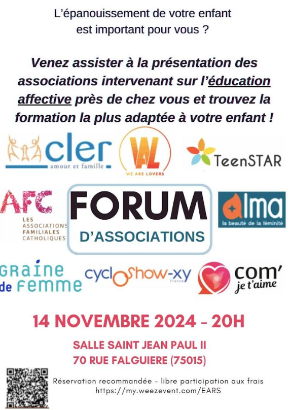 afcParis's tweet photo. Jeudi 14 novembre, l'AFC Vaugirard vous invite au forum d'association intervenant sur l'éducation affective.
jeudi 14, 20h, salle Jean-Paul II, 70 rue Falguière. 8 associations représentées, dédicace d'Inès de Franclieu, https://t.co/SKMRq76JKR
