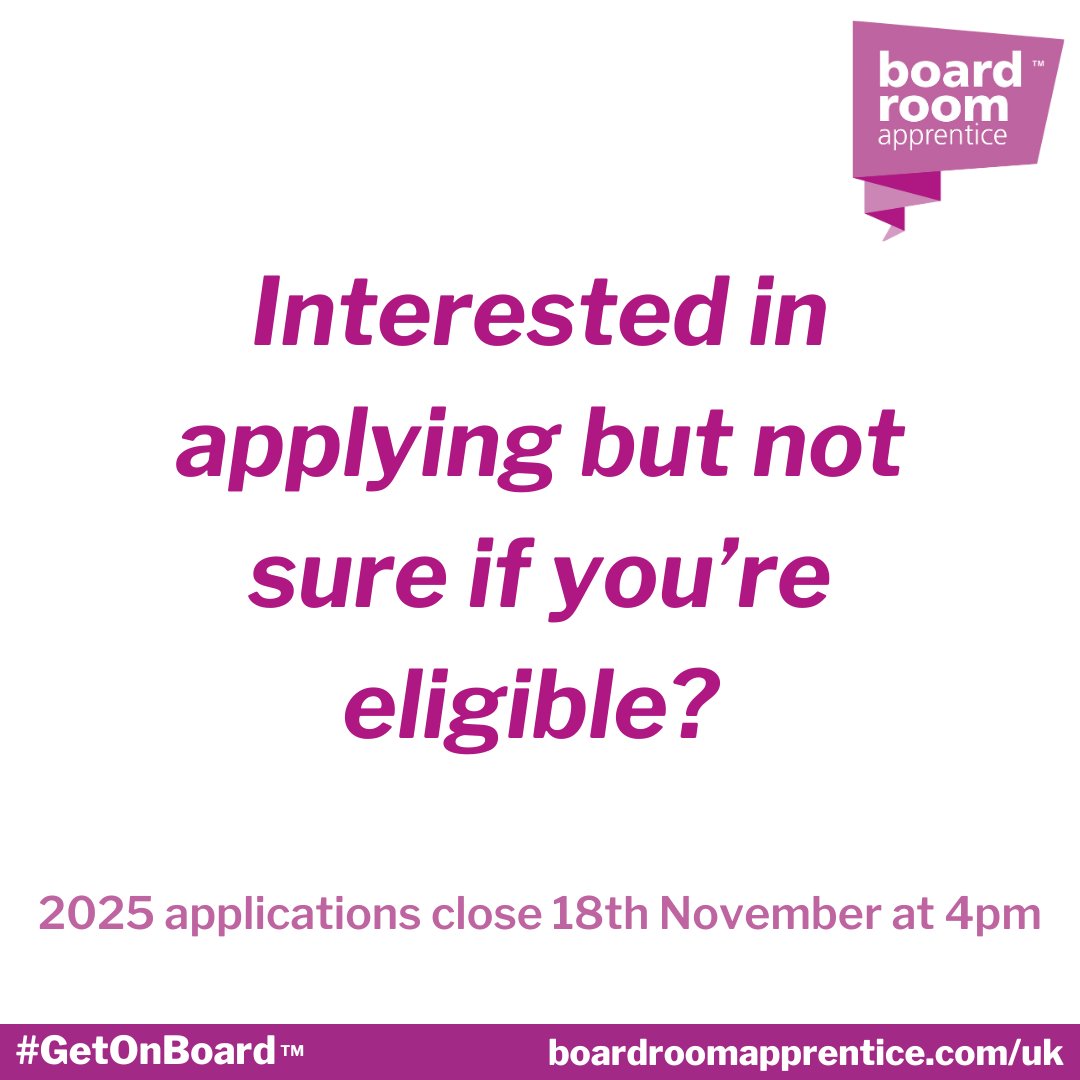 Interested in applying but not sure if you’re eligible?

Take the time to read our FAQs to make sure you're eligible for the programme.

Find the pack and other resources by clicking the link below &gt;&gt; boardroomapprentice.com/how-to-apply/

#GetOnBoard #GetOnBoardUK