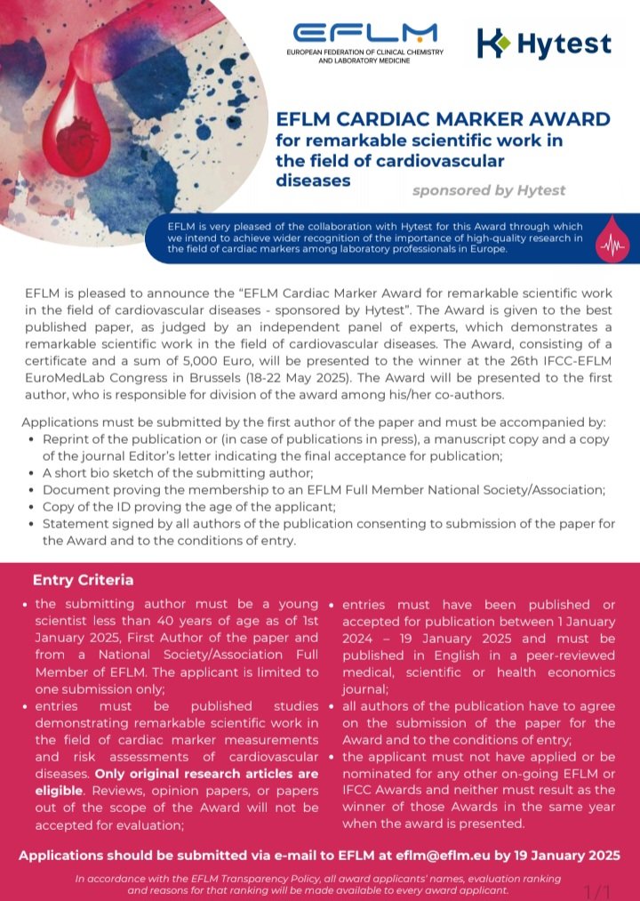 LabUpdated's tweet image. “EFLM Cardiac Marker Award for remarkable scientific workin the field of cardiovascular diseases - sponsored by Hytest”