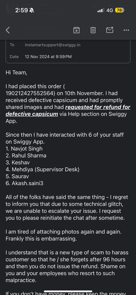 SambitMohantysm's tweet photo. I have sent multiple emails and have had chats with multiple folks in the team but no resolution yet. It is not even clear to the incompetent folks in Swiggy as to what is the issue. https://t.co/V9bnERP2dS