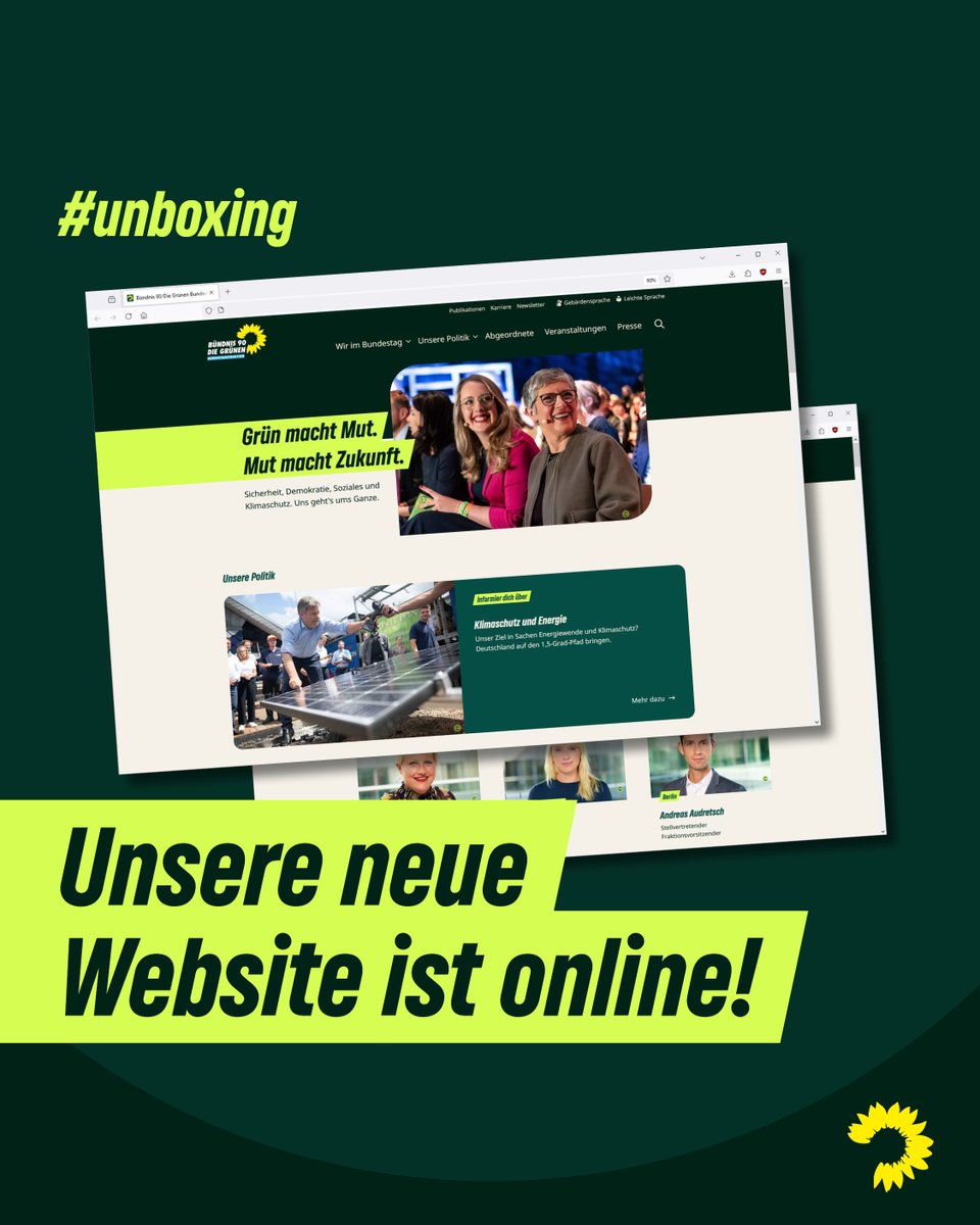 Mehr Übersicht, mehr Infos: Unsere neue Website ist online! 

Richtig gut kombiniert sie relevante Themen für Bürger*innen &amp; Fachleute! Wie gewohnt findet ihr alles zu unserer Arbeit, den Abgeordneten &amp; unseren Positionen als Grüne Bundestagsfraktion.

👉 gruene-bundestag.de