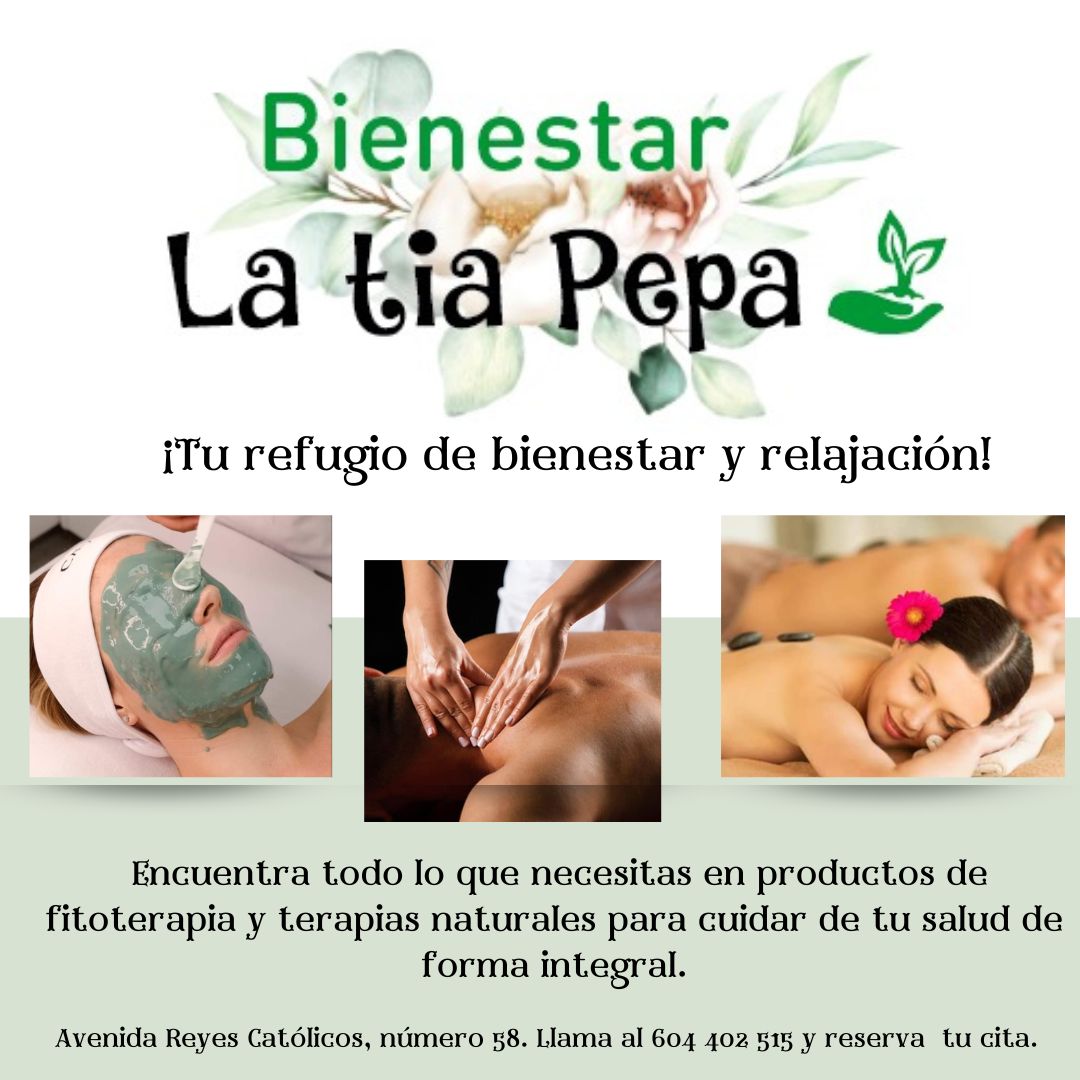 🌿 Ecológicos La Tia Pepa Ecológicos : desde asesoría en nutrición clínica y deportiva, hasta masajes terapéuticos y estéticos, fitoterapia, y tratamientos rejuvenecedores para rostro y cuerpo.
📍 Visítalos en Avenida Reyes Católicos, 58, o reserva al 604 402 515.