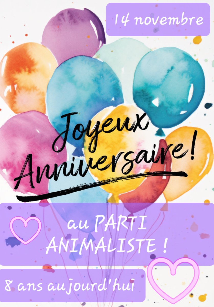 Déjà 8 bougies !!! 💜
Fière de mon parti, déjà tant de projets accomplis mais encore une longue route pour faire avancer le droit des animaux. 
Joyeux anniversaire ! 🎂🎂🎂🎂
➡️ On continue! 💪💪💪💪
 #LesAnimauxComptent <a href="/PartiAnimaliste/">Parti animaliste</a>