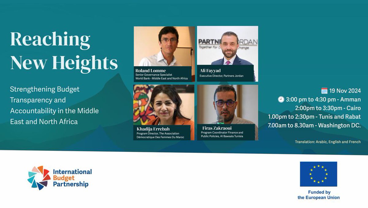 Join the international event: *"Reaching New Heights: Strengthening Budget Transparency and Accountability in MENA"* 🌍💼

📅 Nov 19, 2024
⏰ 3:00 PM Amman Time 
💻 Online

Speaker: Ali Fayyad,Executive Director of Partners Jordan, alongside prominent experts.