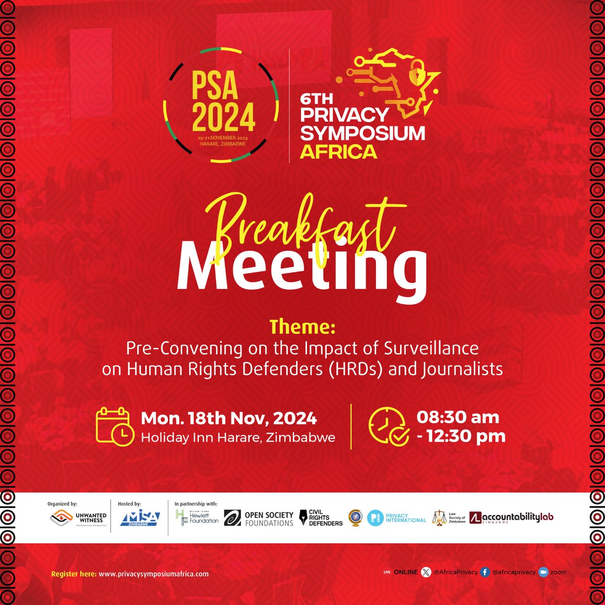 Ahead of #PSA2024, <a href="/UnwantedWitness/">Unwanted Witness</a>  &amp; <a href="/misazimbabwe/">MISA Zimbabwe</a>  are hosting a roundtable to discuss the impact of surveillance on Human Rights Defenders in East &amp; Southern Africa.

📅 Date: Monday, November 18, 2024
📍 Location: Holiday Inn, Harare
🕣 Time: 8:30 am - 12:30 pm CAT