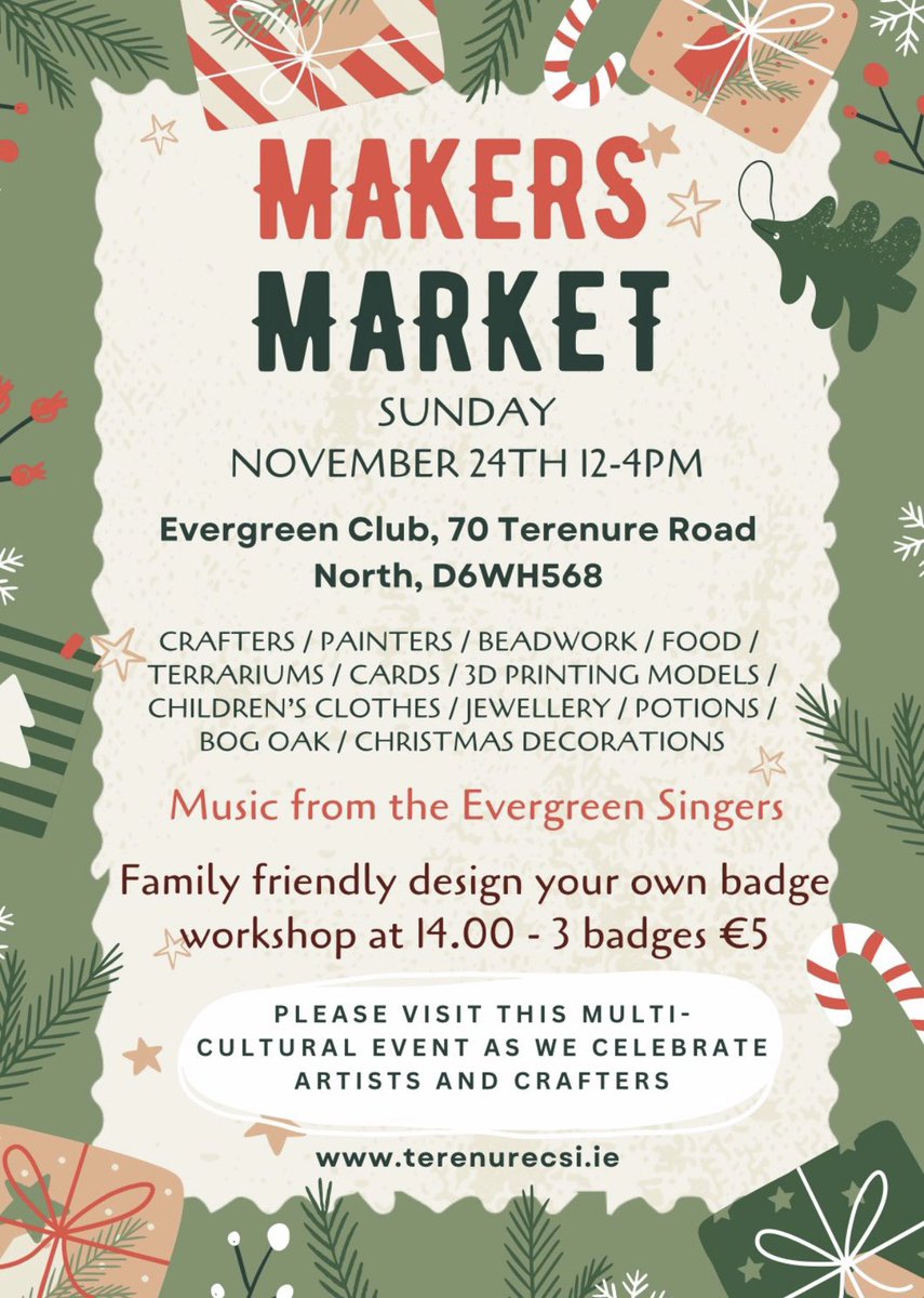 Save the date! The Makers Market takes place November 24th <a href="/Evergreen_Ter/">EvergreenTerenure</a> Beautiful hand made gifts by local crafters &amp; artists, workshops, music and lots of Christmassy fun. See you there! 🎄