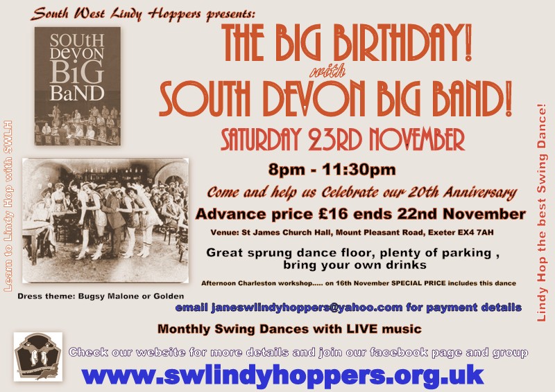 Swing Dance in Exeter with The South Devon Big Band Advance price £16 ends 22nd November. Email janeswlindyhoppers@yahoo.com for more details. <a href="/visitexeter/">Visit Exeter</a> <a href="/ExeterGuild/">Exeter Guild</a> <a href="/BBCDevon/">BBC Devon</a> <a href="/whatsondevon/">What's On Devon</a> <a href="/Devon_Hour/">#DevonHour</a> <a href="/DevonLife/">Devon Life</a>