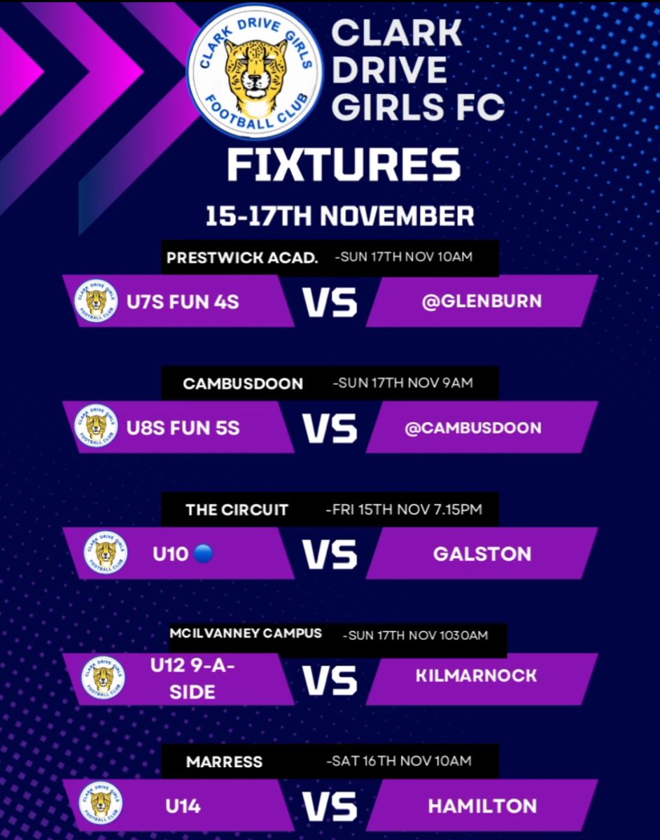 ⚽️ Clark Drive Girls FC 🔵⚪️

▶️ Fixtures 15th - 17th November

#NoClarkDriveNoParty