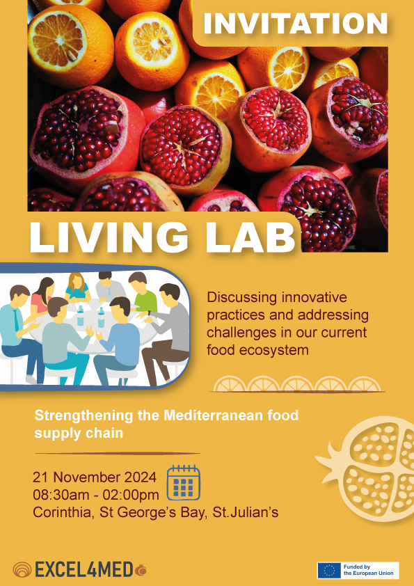Save the date!

The 2nd #EXCEL4MED Living Lab in Malta🇲🇹 will bring together stakeholders from across the food and beverage sector, focusing on solutions for resilient, value-added food systems. 
 
✍Register at: docs.google.com/forms/d/e/1FAI…
 
🔔Stay tuned – full agenda coming soon!