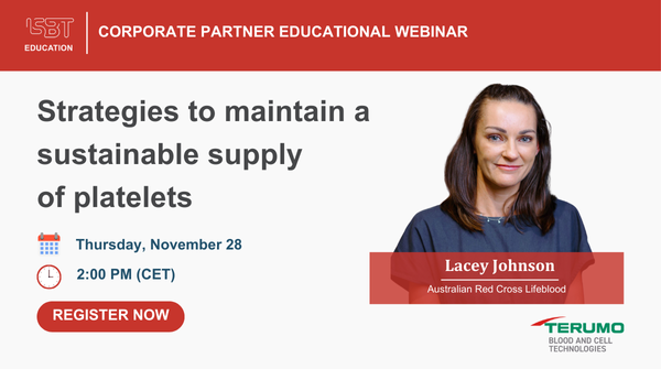 ISBT Central Office (@isbtco) on Twitter photo 📢 #ISBTWebinar with <a href="/terumobct/">Terumo Blood and Cell Technologies</a>
🩸 Strategies to Sustain Platelet Supply
📅 28 Nov, 2-3 PM CET
👥 Blood bank staff, scientists, students, and donors welcome!
Speaker: Lacey Johnson, <a href="/RedCrossAU/">Australian Red Cross</a>
🔗 isbtweb.org/events/isbt-co… 📢 #ISBTWebinar with <a href="/terumobct/">Terumo Blood and Cell Technologies</a>
🩸 Strategies to Sustain Platelet Supply
📅 28 Nov, 2-3 PM CET
👥 Blood bank staff, scientists, students, and donors welcome!
Speaker: Lacey Johnson, <a href="/RedCrossAU/">Australian Red Cross</a>
🔗 isbtweb.org/events/isbt-co…