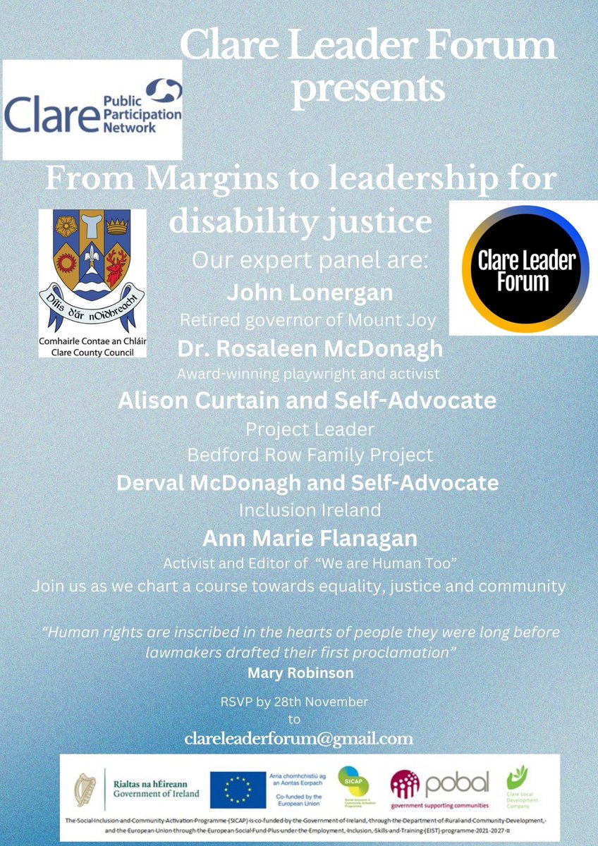 Clare Leader Forum (@leaderclare) on Twitter photo We are excited about this important event. Supported by <a href="/clare_ppn/">ClarePPN</a> <a href="/ClareCoCo/">Clare County Council</a> and <a href="/clareloc/">Clare Lockhart</a> @cldc_. Please click on the link to book your ticket. Exceptional contributors <a href="/dervalmcd/">Derval</a> <a href="/InclusionIre/">Inclusion Ireland</a> <a href="/paveebeoir/">Dr. Rosaleen McDonagh</a> <a href="/BedfordRowProj/">Bedford Row Project</a> <a href="/Flanagan4Seanad/">Ann Marie Flanagan</a> <a href="/martintobin80/">Martin Tobin</a> eventbrite.ie/e/from-margins… We are excited about this important event. Supported by <a href="/clare_ppn/">ClarePPN</a> <a href="/ClareCoCo/">Clare County Council</a> and <a href="/clareloc/">Clare Lockhart</a> @cldc_. Please click on the link to book your ticket. Exceptional contributors <a href="/dervalmcd/">Derval</a> <a href="/InclusionIre/">Inclusion Ireland</a> <a href="/paveebeoir/">Dr. Rosaleen McDonagh</a> <a href="/BedfordRowProj/">Bedford Row Project</a> <a href="/Flanagan4Seanad/">Ann Marie Flanagan</a> <a href="/martintobin80/">Martin Tobin</a> eventbrite.ie/e/from-margins…