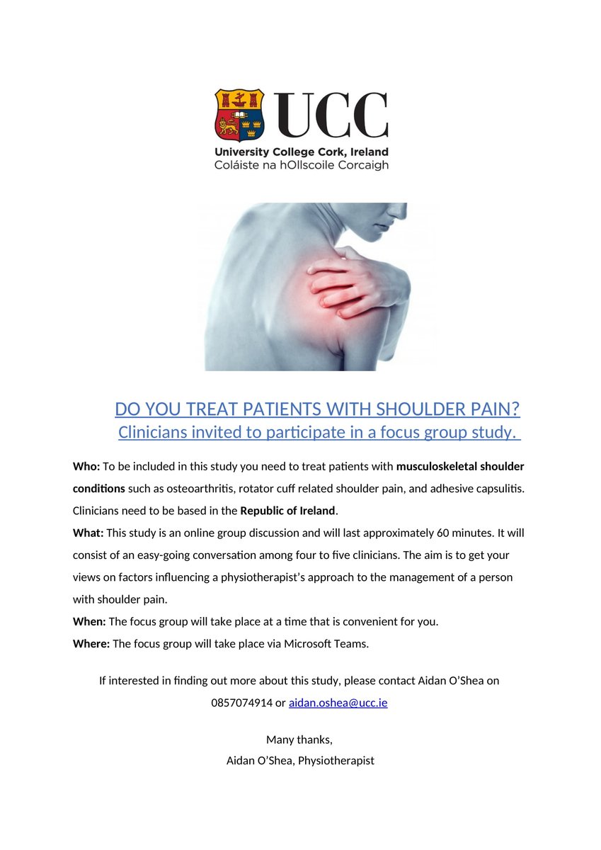 🚨MSK Physiotherapists who treat people with shoulder pain 🚨

If you would like to participate in a focus group exploring factors influencing a physiotherapist’s approach to the management of a person with shoulder pain, please get in touch. <a href="/mcveigh_joe/">Prof. Joe McVeigh</a>  <a href="/ISERS2/">ISERS</a> <a href="/ISCP_CPMT/">ISCP_CPMT</a>