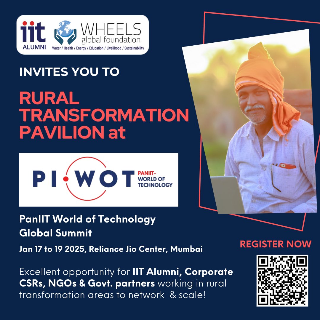 <a href="/wheelsglobal/">WHEELS Global Foundation</a>  with <a href="/paniitindia/">Pan IIT Alumni India</a>  invites IIT Alumni, Corporates, CSR partners, NGOs, Govt. agencies, Foundations &amp; Charitable Trusts to 
PIWOT 2025- PanIIT World of Technology Global Summit piwot.paniit.org 
📅 17 -19 Jan, 2025 at 📍Jio World Convention Centre, Mumbai.