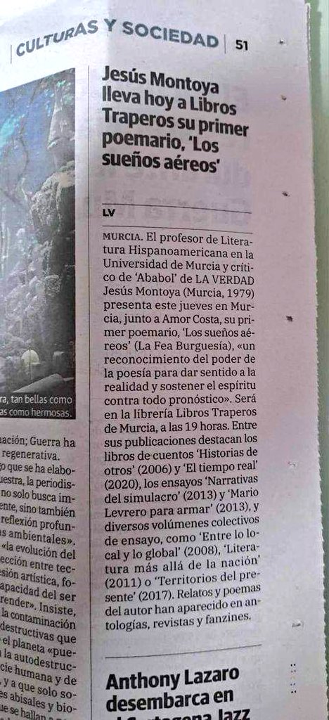 Diario <a href="/laverdad_es/">laverdad_es</a> se hace eco de la presentación de hoy, jueves, en <a href="/librostraperos/">Libros Traperos</a>. <a href="/LaFeaBurguesia/">La Fea Burguesía Ed </a> #lossueñosaereos os esperamos.