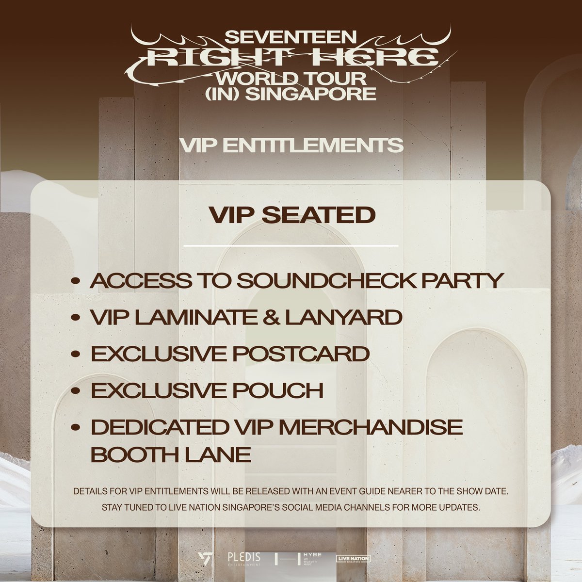 livenationsg's tweet photo. 📢𝗦𝗘𝗩𝗘𝗡𝗧𝗘𝗘𝗡 [𝗥𝗜𝗚𝗛𝗧 𝗛𝗘𝗥𝗘] 𝗪𝗢𝗥𝗟𝗗 𝗧𝗢𝗨𝗥 𝗜𝗡 𝗦𝗜𝗡𝗚𝗔𝗣𝗢𝗥𝗘🇸🇬
📆25 – 26 Jan 2025 (Sat - Sun), 6.30pm
📍National Stadium

CARATs, did we catch you by surprise?  You have seen it right! We are adding a second day for SEVENTEEN [RIGHT HERE] WORLD TOUR IN SINGAPORE!

The general sale for both shows on 25th and 26th Jan will take place TOMORROW, 10am.

Don’t miss out on this final chance to catch the global K-pop sensation @pledis_17 💎

🎫 https://t.co/LrquUlwCKd

#SEVENTEEN #세븐틴
#SVT_RIGHT_HERE_WORLDTOUR
#SVT_RIGHT_HERE_ASIA
#SVT_RIGHT_HERE_IN_SINGAPORE
#LIVENATIONSG
——————
We would like to caution members of the public against purchasing tickets from unauthorized sellers or 3rd party websites. By purchasing tickets through these non-
authorized points of sale, buyers take on the risk that the validity of the tickets cannot be guaranteed, with no refunds possible.